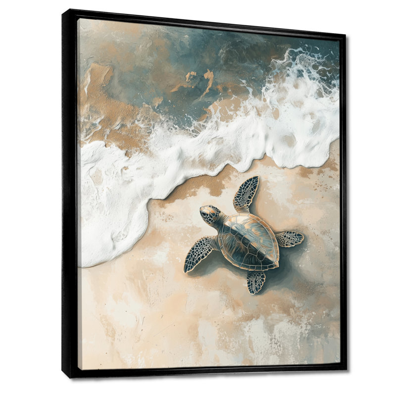 Corazon Baby Turtle Trails On The Beach IV - Tortue, art mural encadré, Noir, Reproduction avec cadre flottant
