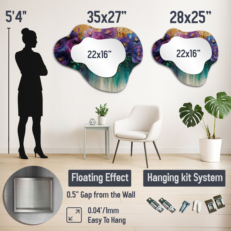 Fantaisie Fantasy - miroir mural asymétrique Roses, miroir de coiffeuse moderne, imprimé sur métal, 25 po x 28 po