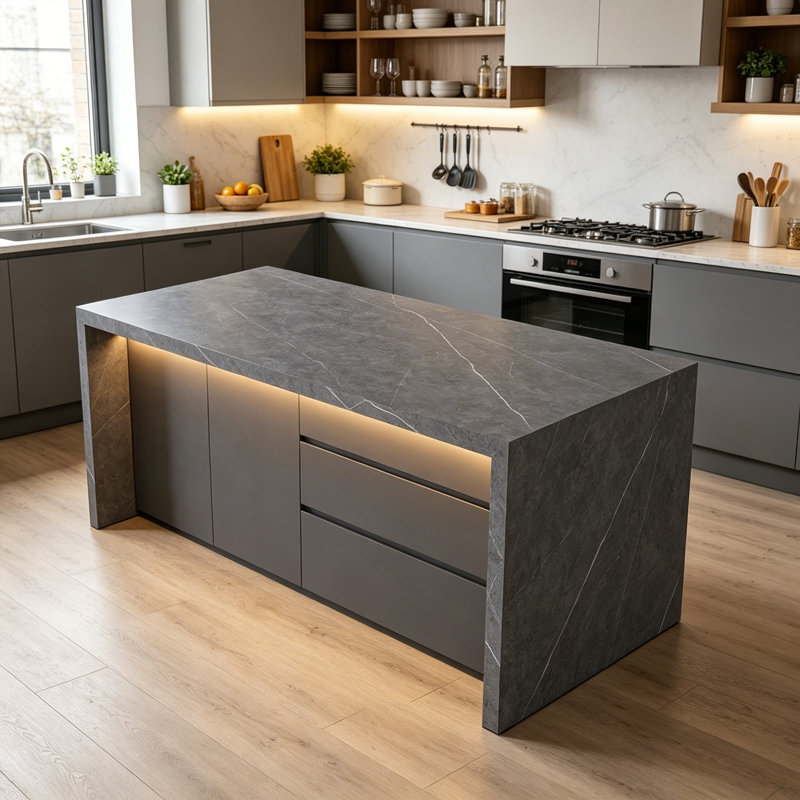 Îlot de cuisine moderne haut de gamme avec grand rangement - Poste de travail de cuisine contemporain pour un usage domestique