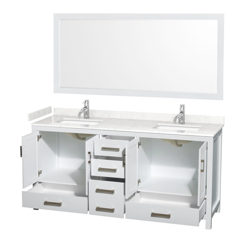 Sheffield 72" Freestanding Double Bathroom Vanity with Cultured Marble Top with 70" Mirror, White, Carrara Cultured Marble
