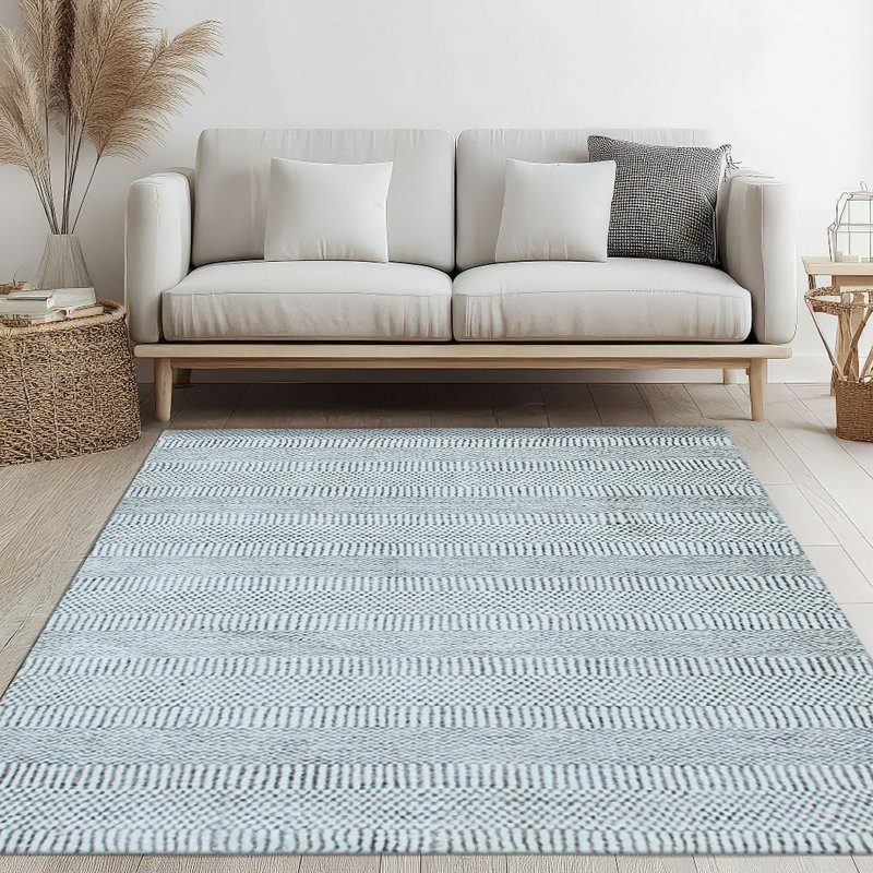 Ivory Hand-Knotted Wool Rhythmic Woven Bands Geometric Modern Contemporary Carpet Rug, 3' x 5'