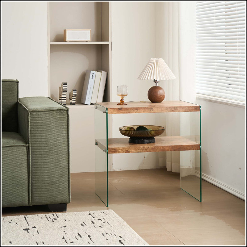 Table d'appoint en noyer et panneau de fibres à densité moyenne avec plateau en verre trempé