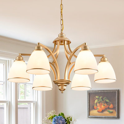Lustre traditionnel 6 lumières à intensité variable avec abat-jour en verre pour la salle à manger ou la cuisine