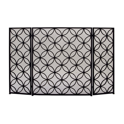 Abbygaile Metal Foldable 3 Panel Geometric Black Fireplace Screen with Mesh Netting