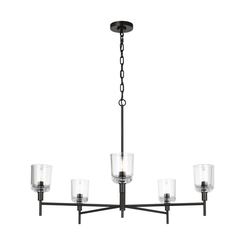 Thom Filicia Coury Light Dining Room Chandelier With Clear Shade, 5 Lights, Aged Iron, 23.5" H x 36" W x 36" D