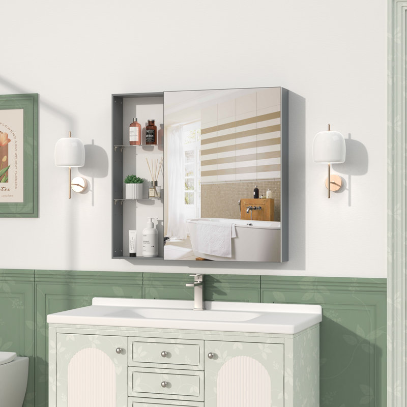 Armoire à pharmacie avec miroir pour salle de bain, miroir de salle de bain mural avec rangement, tablettes réglables, cadre en aluminium, fixation en surface brun noir