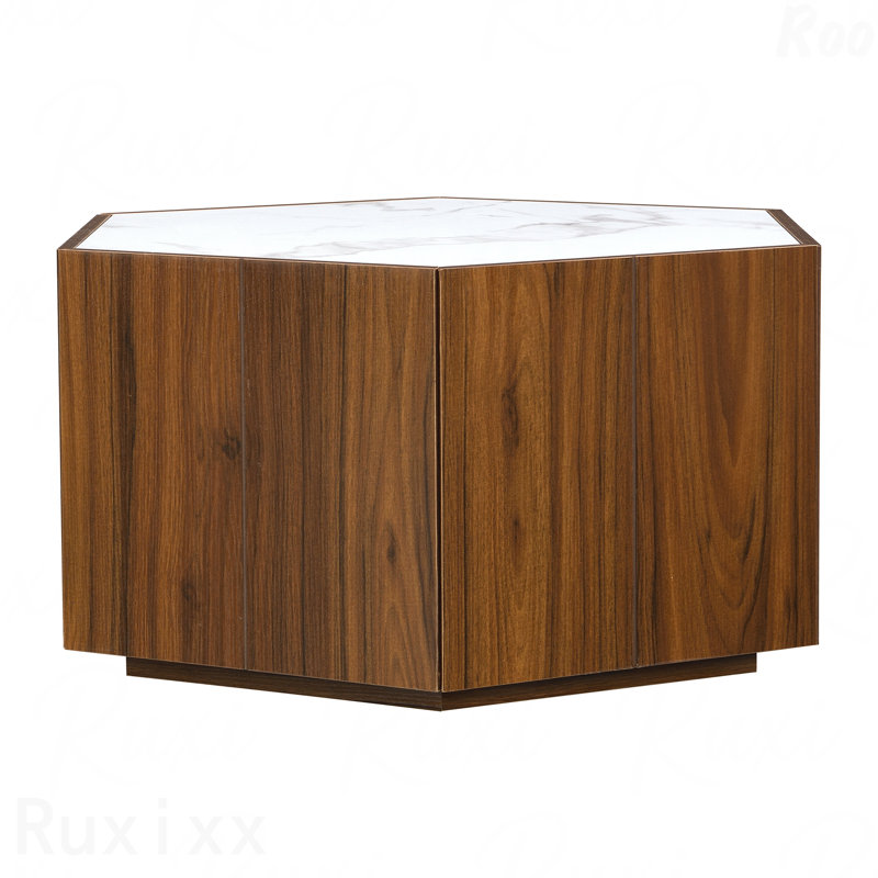 Table basse hexagonale rustique rétro en bois avec 2 tiroirs cachés et plateau en marbre texturé chêne Walunt