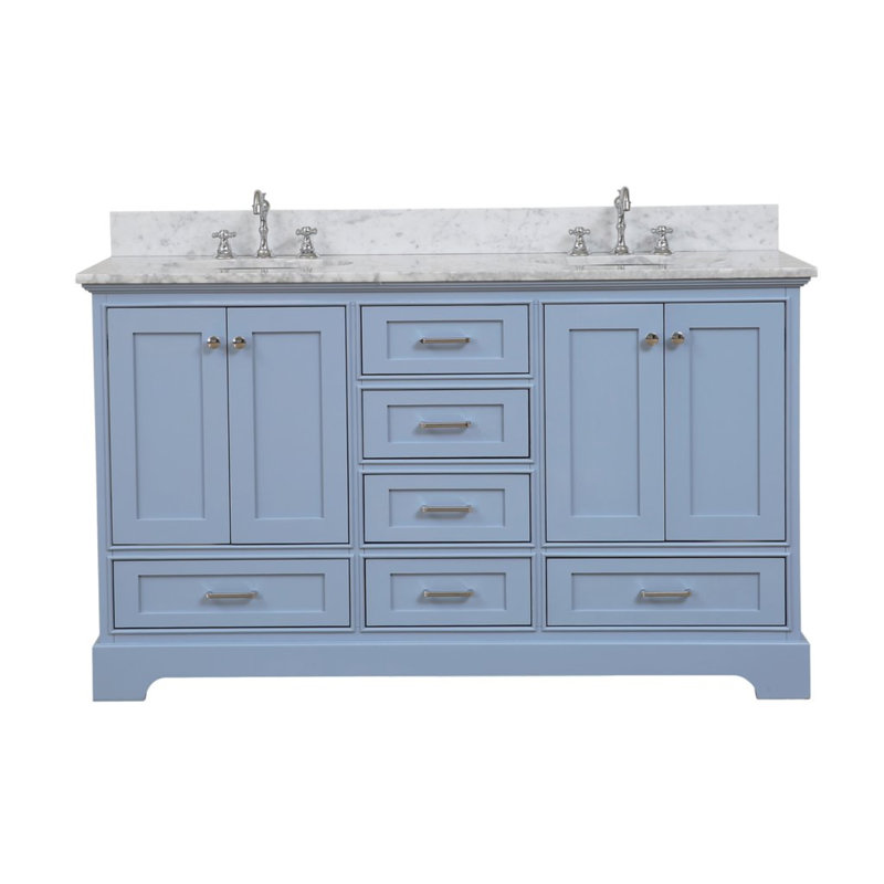 Ensemble de meuble-lavabo double 60 po Larosa, Marbre de Carrare, Bleu poudre