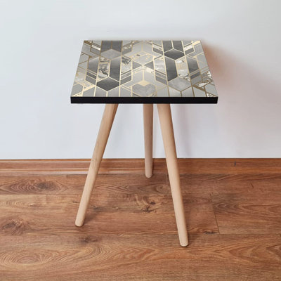 Modern Side Table with Beech Wood Legs, Grey & Beige, 13.8 x 16.5 x 13.8 inches | 100% MDF, Thickness: 0.7 inches | Geometric Design, Perfect for Living Room, Bedroom, or Office - Stylish and Functional Decor