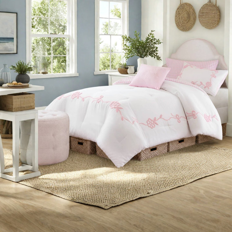 Ensemble de literie rose pour lit simple/simple XL, ensemble de chambre à coucher 4 pièces en microfibre avec nœud floral
