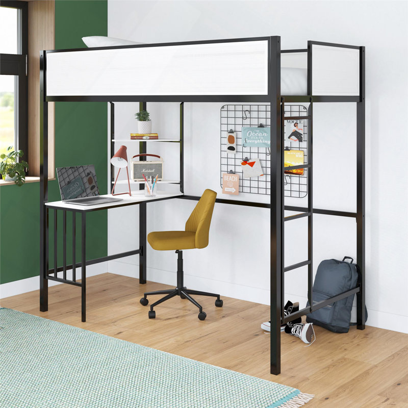 Lit mezzanine avec bureau et tablettes, Lit simple
