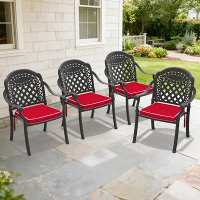 Ensemble de 4 chaises de jardin empilables avec coussins, structure en aluminium moulé, noir et rouge