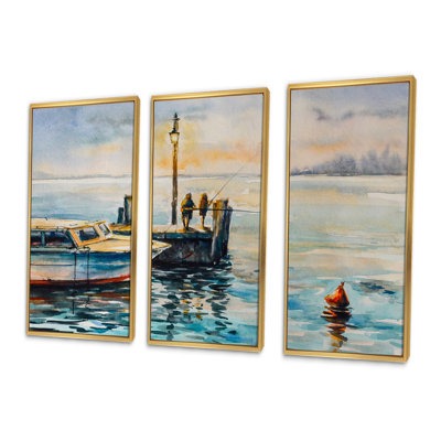 " Two Men Fishing At Dusk At The Pier " 3 - Pieces