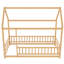 Lit simple naturel avec structure de toit et garde-corps, construction en pin, mobilier de chambre en bois brun, mobilier fonctionnel