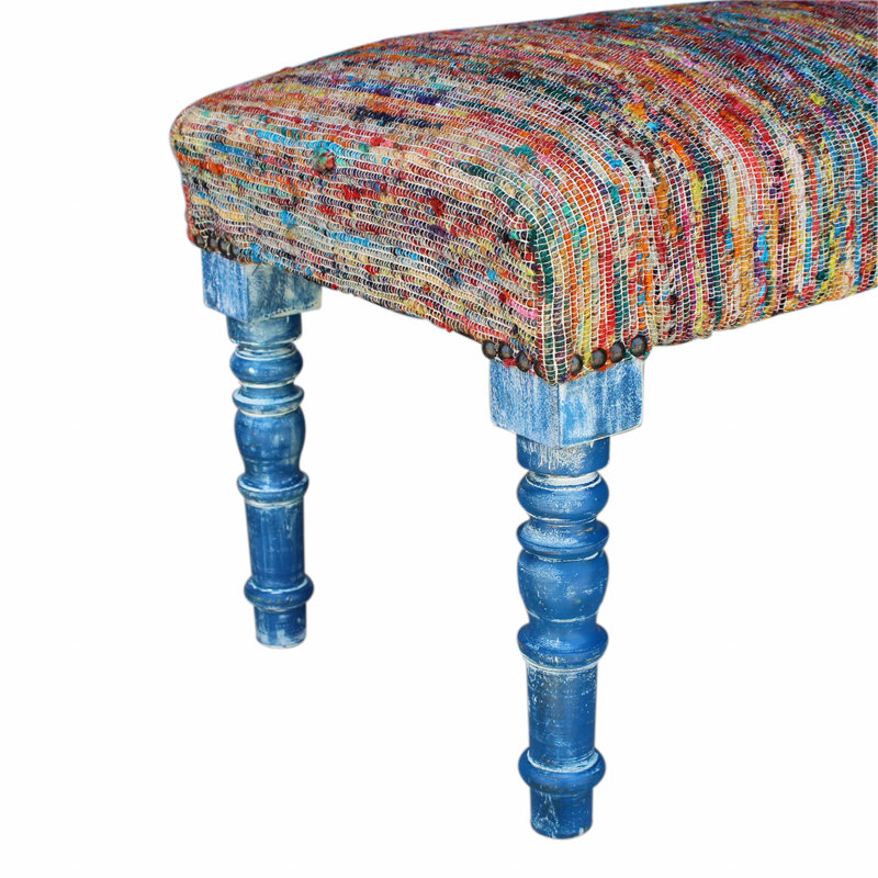 47" Textural White Leg Upholstered Bench, Blue/Orange, Blue