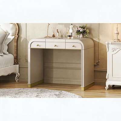 Classic Wood Vanity Desk with Flip Mirror, 3-in-1 Design, 2 Drawers, and Storage, Champagne Finish