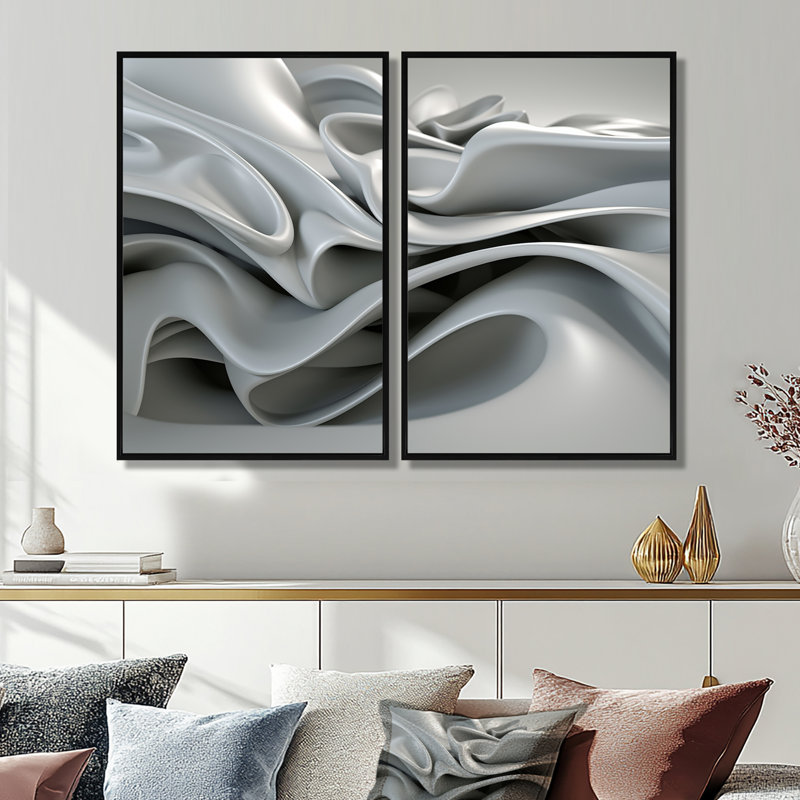 Gris infini ondulations - art mural moderne, Noir, H 36 po x l 48 po, Impression encadrée flottante