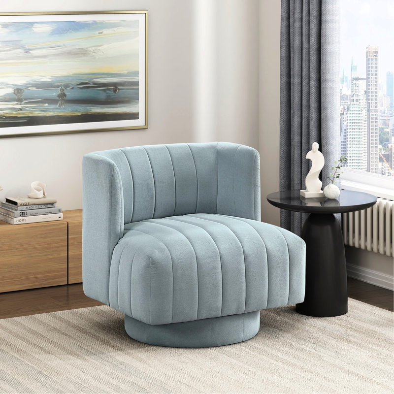 Fauteuil pivotant de luxe bleu avec rotation à 360°, revêtement en tissu texturé, dossier, base en métal, style moderne, rembourrage en mousse, idéal pour le salon.