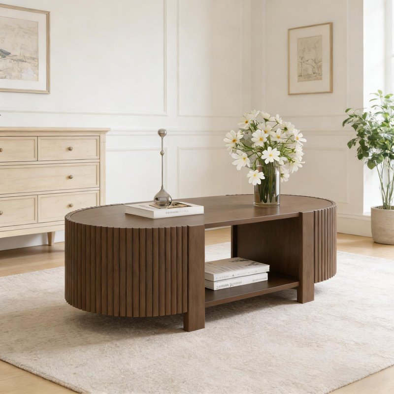 47" Fluted Oval Rubber Solid Wood Coffee Table with 1 shelf & 2 Open Storage Doors, Walnut