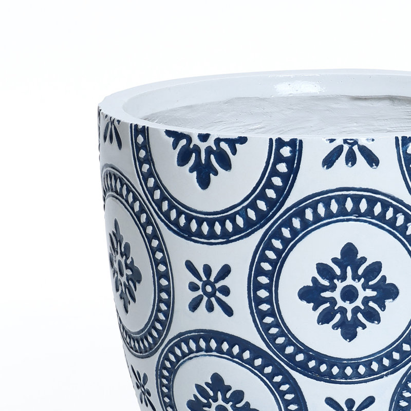 Blue and White Flower Pattern Round Tapered Tall Mgo Planter, Indoor and Outdoor, 9.4" H x 9.8" W x 9.8" D