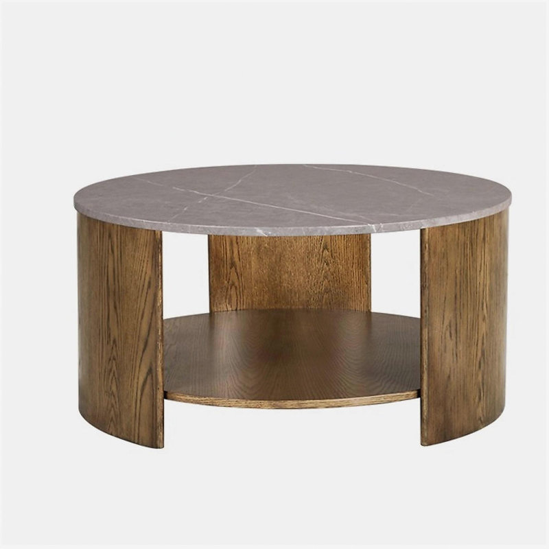 Table basse circulaire avec tablette, Chêne, Gris, Marbre