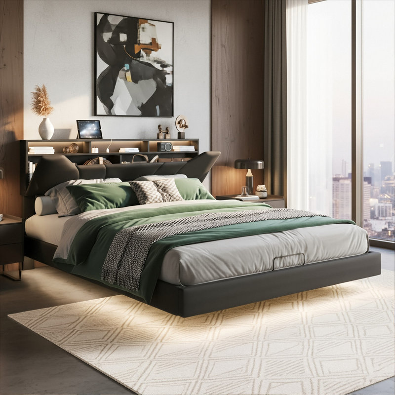 Floating Hydraulic PU Ottoman Bed With LED & Charging Station (USB/Type-C), 140X200cm Double / 160X200cm King, Black Faux Leather Smart Storage