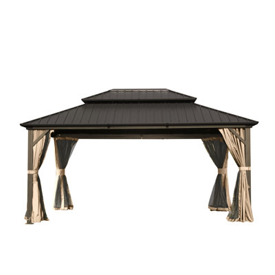 Brown 10' X 14' Gazebo, Aluminum Galvanized Steel Construction, Spacious For Parties, Wedding, Outdoor Picnic, Gazebo 14', With Canopy, Functions, Feast,