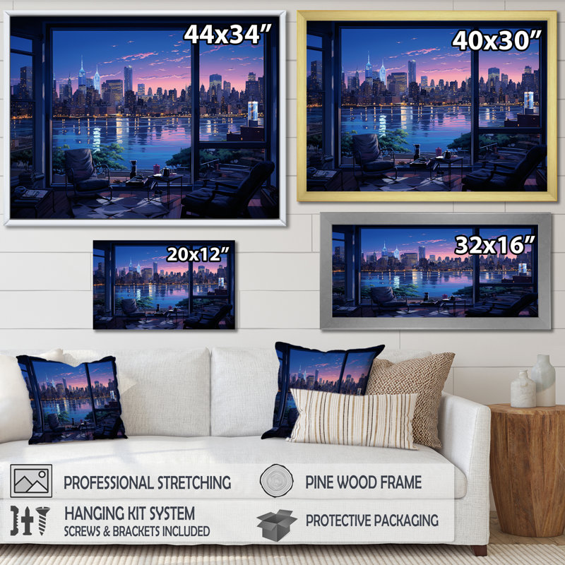 «Blue NYC at Night Window View III - New York City», art sur toile, Cadre flottant doré, H 24 po x l 32 po x P 1 po