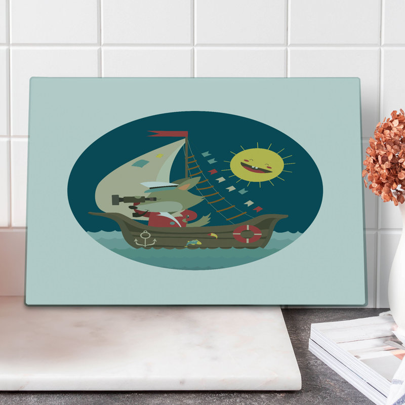 Ambesonne Cartoon Cutting Board Large Size Wolf Captain Boat Multicolor