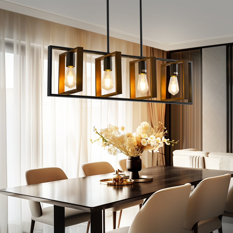 Luminaire suspendu rectangulaire en métal à 4 lumières pour îlot de cuisine noir et bronze