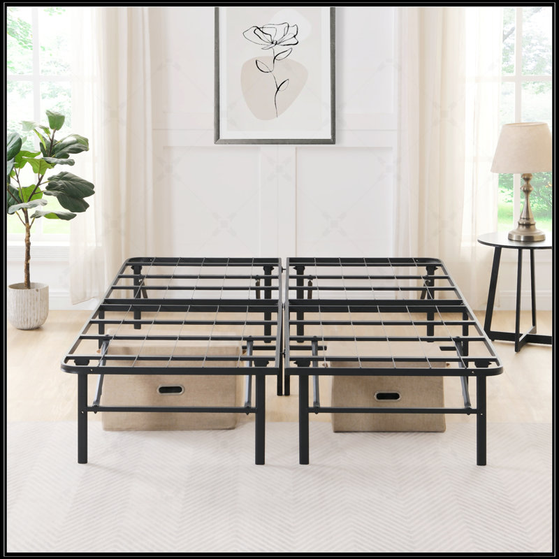 Base de lit pliante en métal KING, hauteur de 14 pouces, grand lit, lattes en acier robustes, assemblage facile, rangement sous le lit, noir