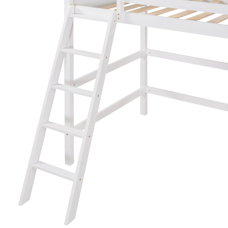 Lit mezzanine simple en bois massif avec échelle, Blanc