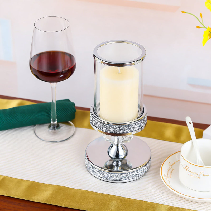 Crystal And Metal Pillar Candle Holder With Hurricane Glass Cover - Elegant Home Decor For Weddings, Dining Table Centerpieces, And Holiday Decorations