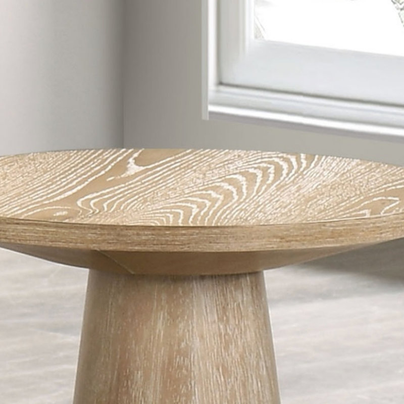 Table de bout ronde à piédestal unique avec structure en bois d'hévéa et finition chêne