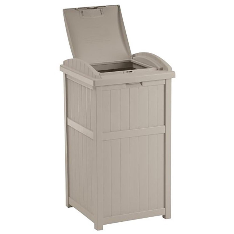 Beige and Brown Plastic Outdoor Trash Hideaway Set, 33 Gallon