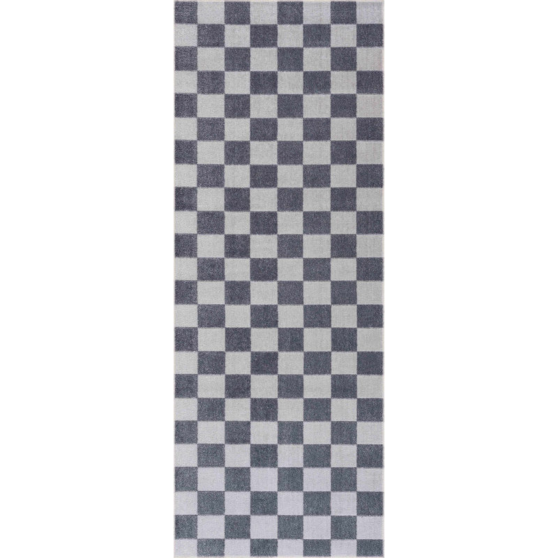 Brunetti Checkered Machine Woven Polyester Area Rug in Blue, Runner 2'7" x 7'3"