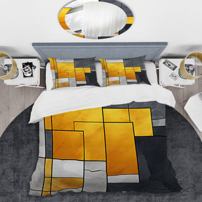 Yellow And Grey Geometric Fusion 1 - Abstract Geometric Duvet Cover Set