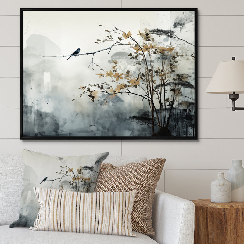 «Asian Art Sumi Bird Serenity XVII», art mural asiatique, 16" H x 32" W, Cadre flottant noir