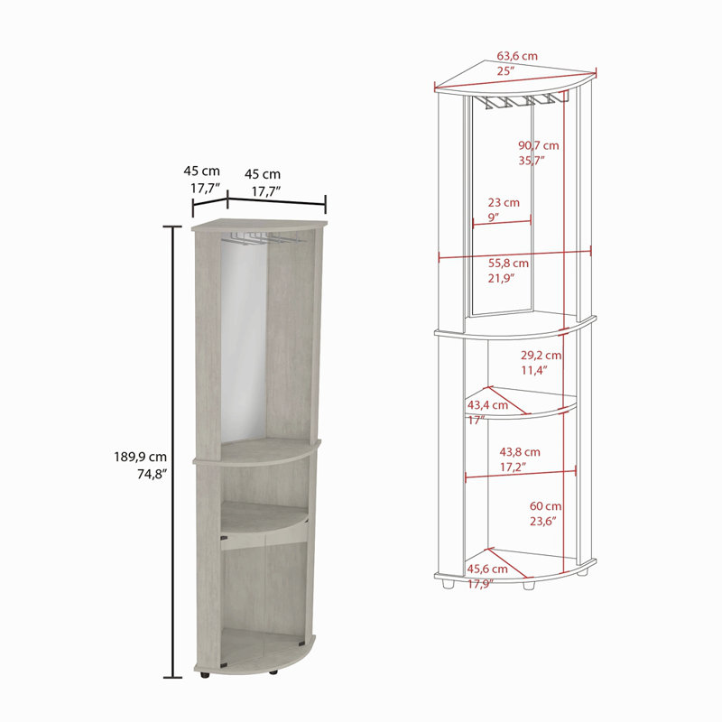 Bar d'angle, support, porte en verre, Gris clair