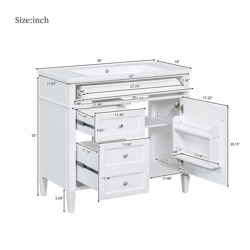 Meuble-lavabo 36 po avec lavabo supérieur, Blanc, Argent argent