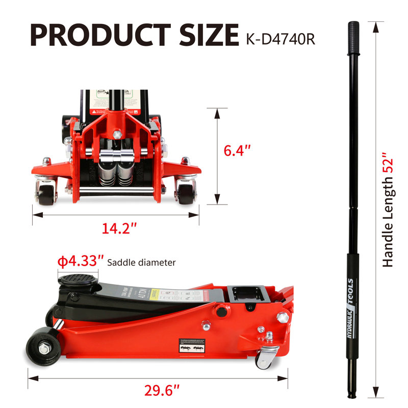 Cric de plancher, cric de plancher à profil bas de 4 tonnes, cric de course en acier robuste avec pompe à levage rapide à deux pistons, plage de levage du cric de plancher de 4 po à 21 po