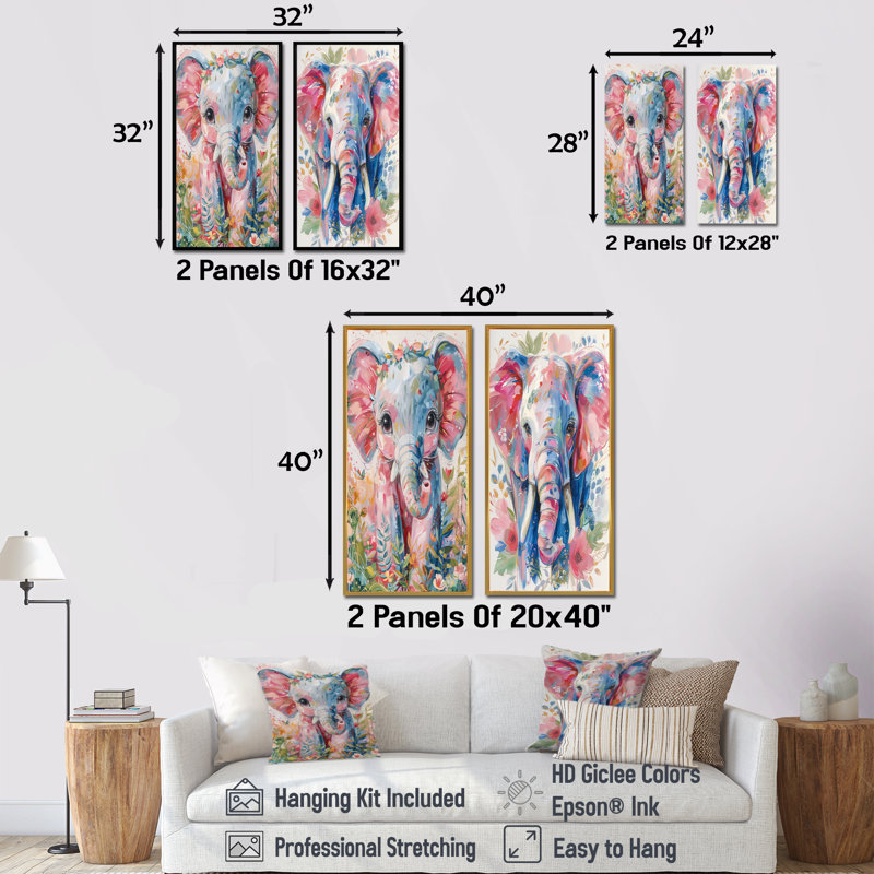 Ensemble de 2 pièces d'art mural pépinière gris, rose et magnifique éléphant I, H 32 po x l 32 po, Impression encadrée, Brun
