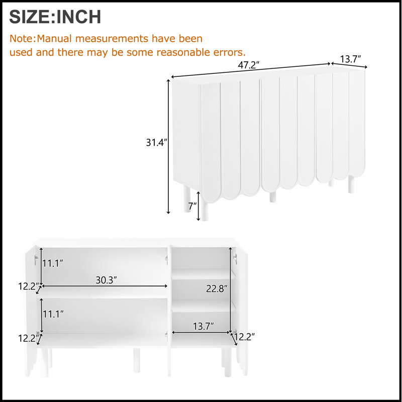 Minimalist Shoe Cabinet with 5 Solid Wood Legs, Sideboard Buffet for Modern Home Decor, White