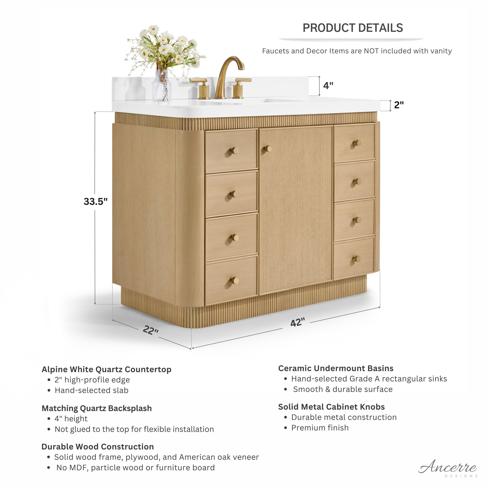 Aston Oak Single Bathroom Vanity, Natural Oak, 42 inch