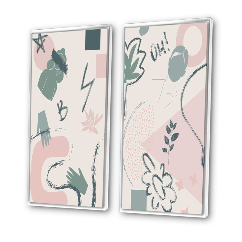 «Pink and Green Minimalistic Retro I», ensemble de 2 peintures, H 40 po x l 40 po x P 1,5 po, Toile avec cadre blanc
