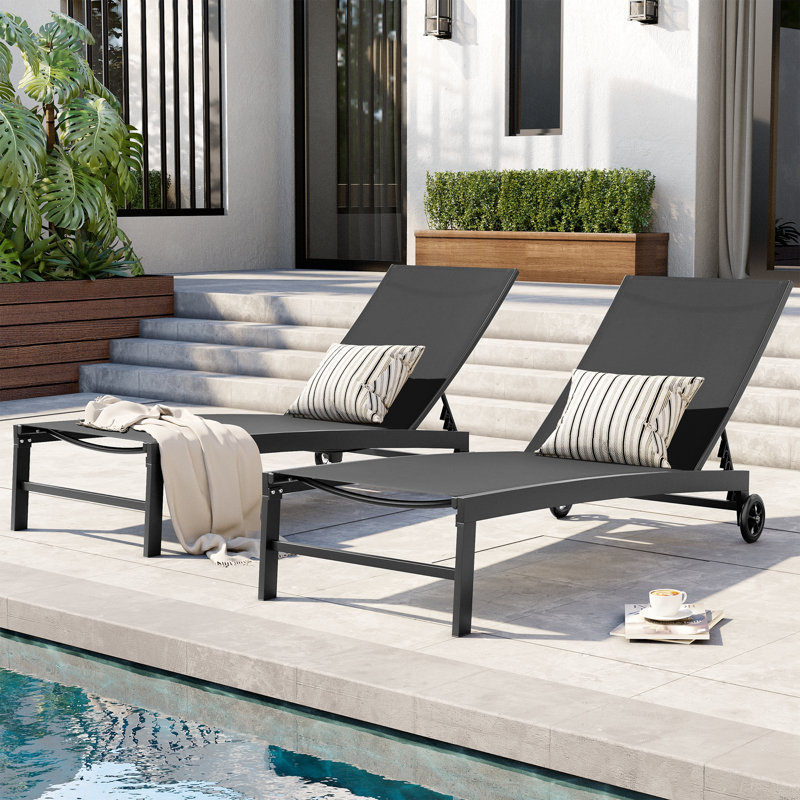 Jedidja Metal Adjustable Reclining Outdoor Chaise Lounge Chair Set with Wheels, Black
