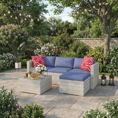 Ensemble modulaire de patio 5 pièces avec repose-pieds et table en verre trempé, ensemble de canapé en rotin PE convertible, meubles de jardin, de cour, de porche et de bord de piscine toutes saisons