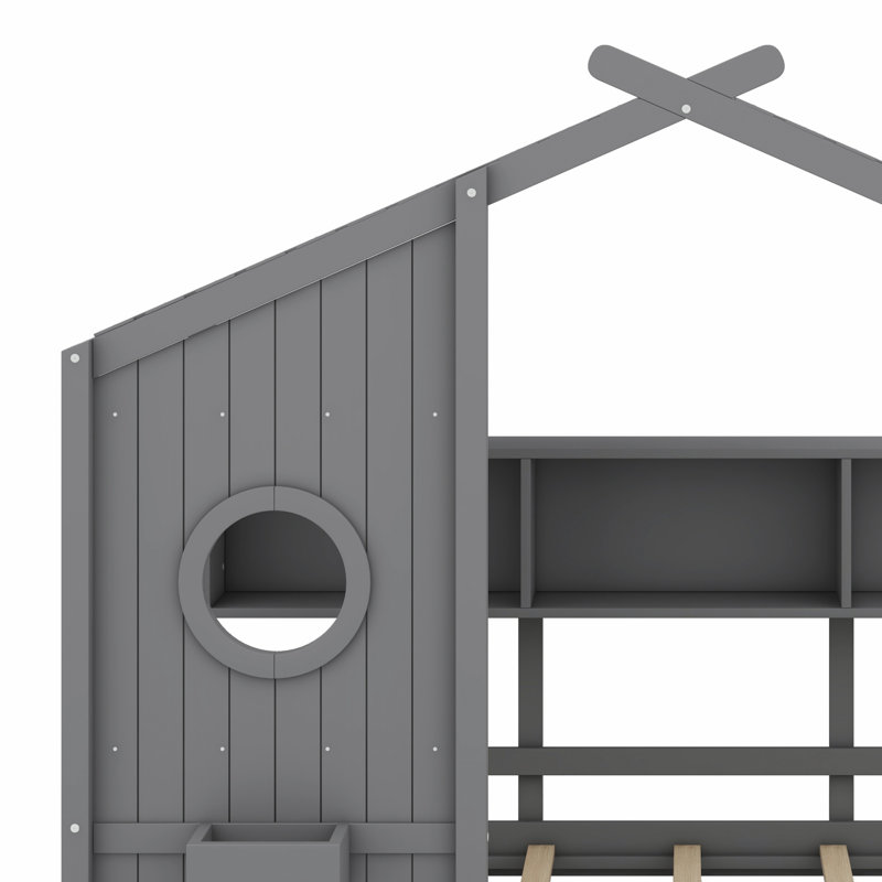 Lit sur pied avec tablette de rangement, gris, Lit simple