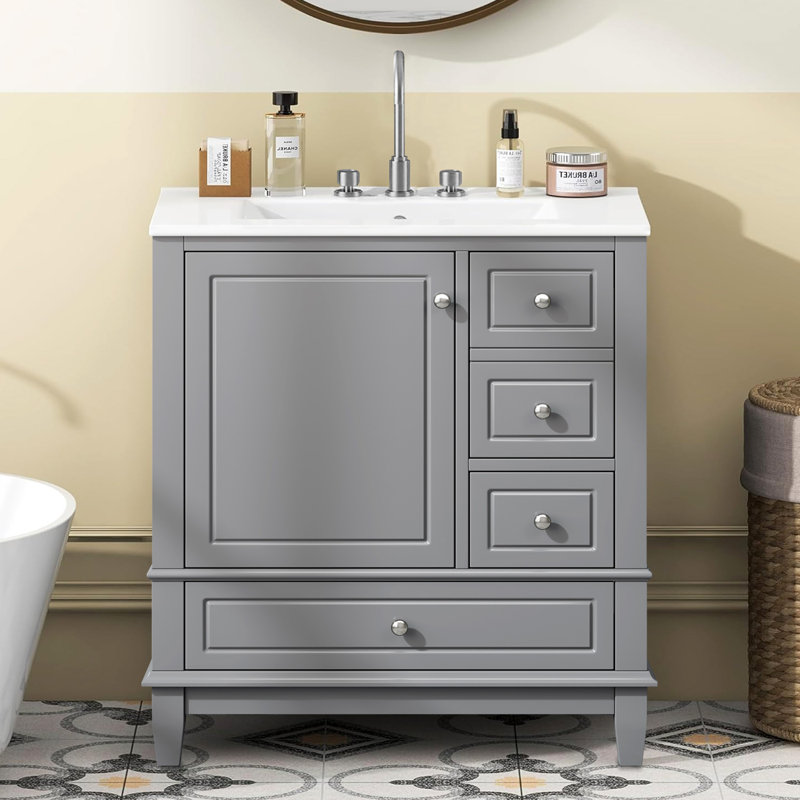Armoire de meuble-lavabo 30 "avec lavabo en céramique, Gris, Argent argent