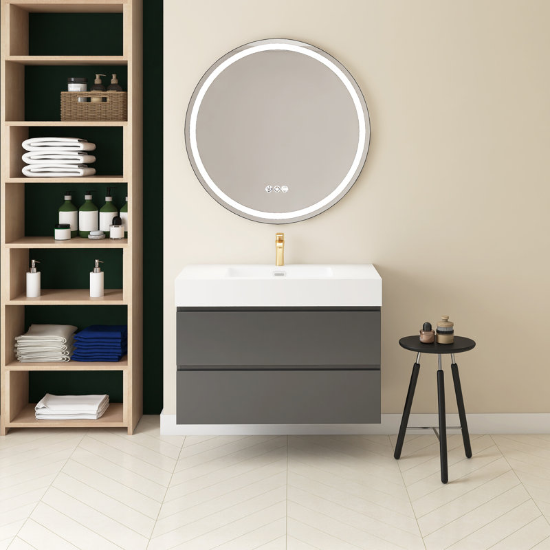 Meuble-lavabo simple 36 po avec plateau Semyah, Blanc, Gris